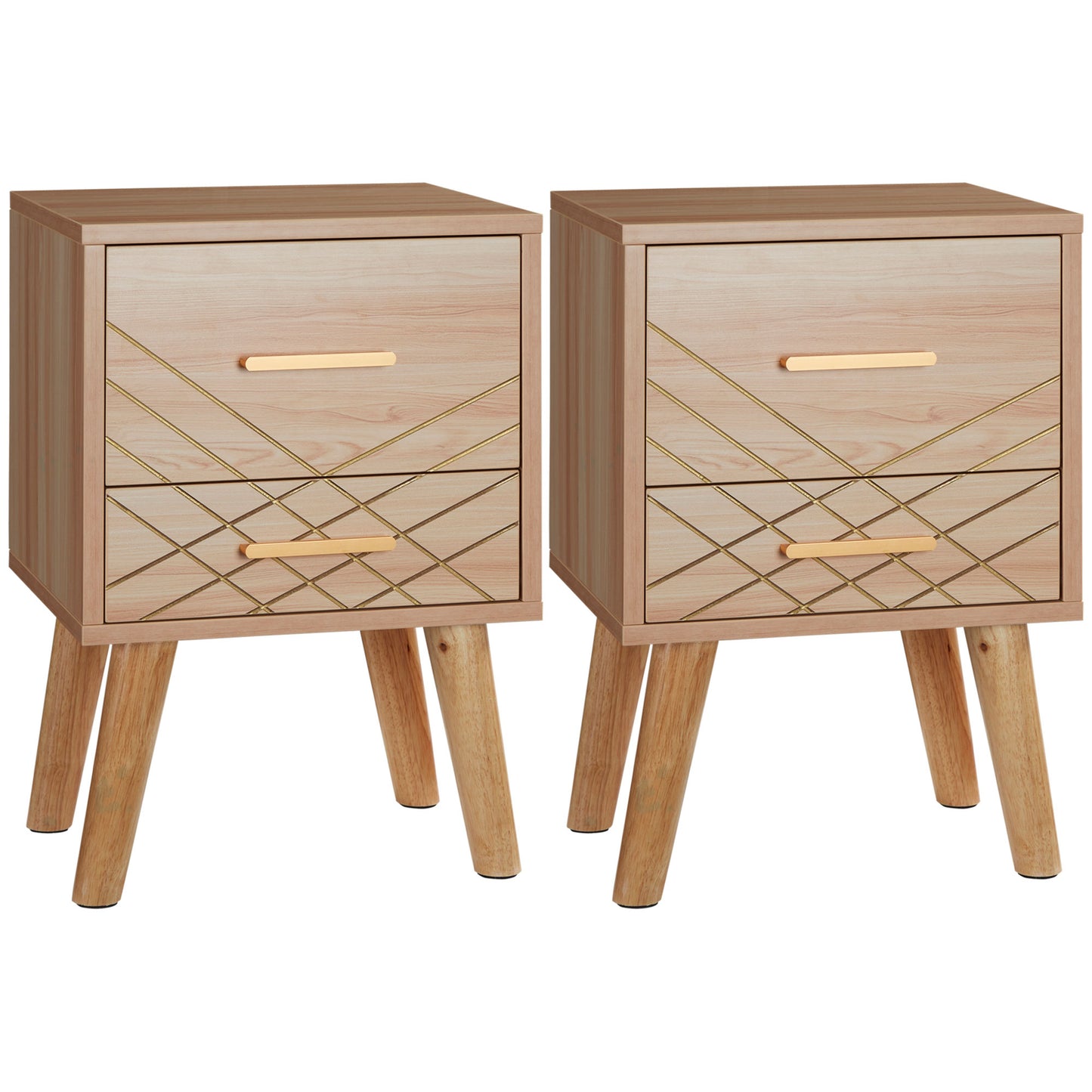 Set Of 2 Bedside Cabinets Scandinavian Table with Drawers With Wood Legs, Natural