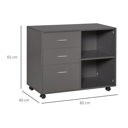 Freestanding Printer Stand Unit Office Desk Side Mobile Storage w/ Wheels 3 Drawers, 2 Open Shelves Modern Style 80L x 40W x 65H cm - Grey