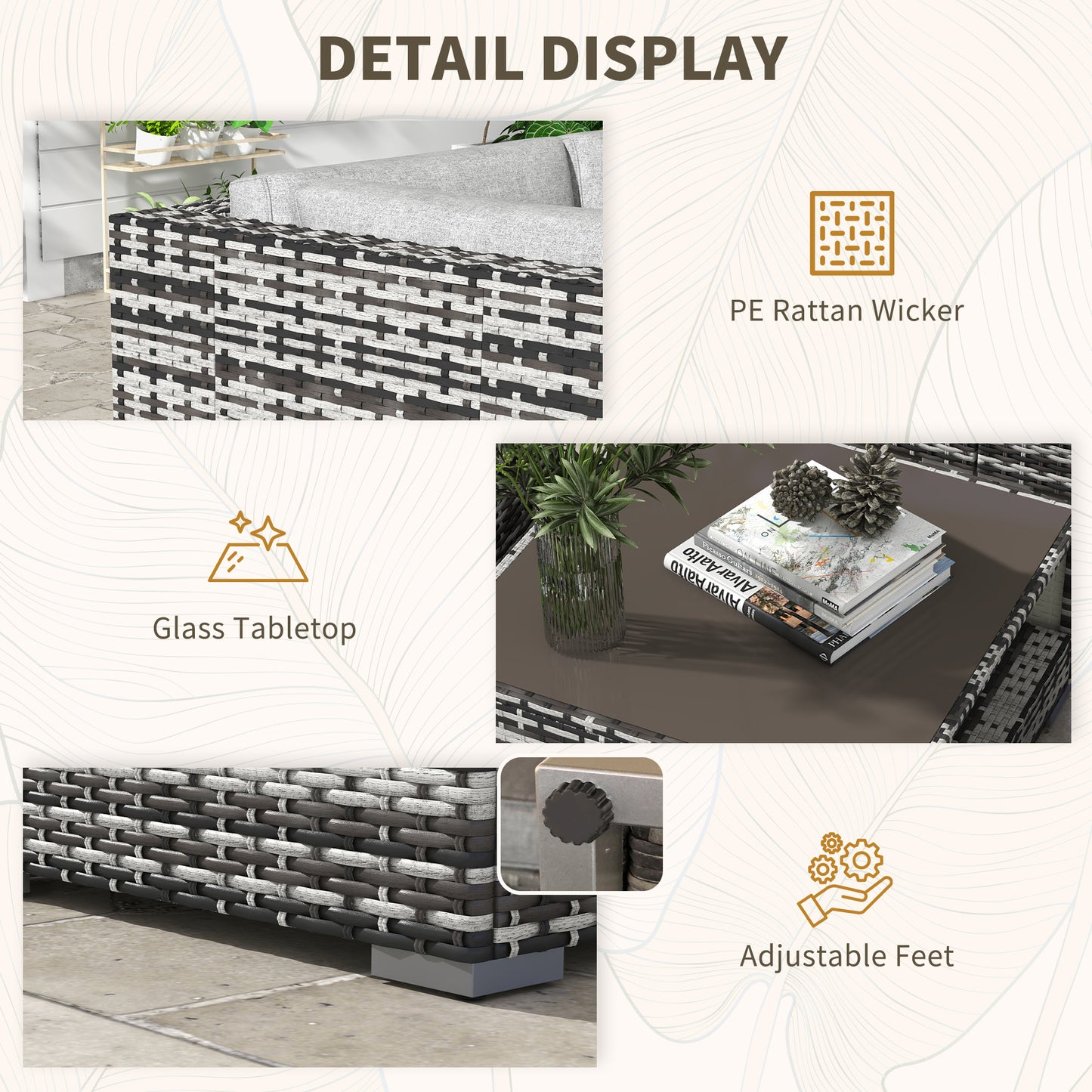 Outdoor Garden 7-Piece Rattan Patio Furniture Set with Sofa, Footstools, Coffee Table, Side Shelves, Cushions, Pillows, Mixed Grey