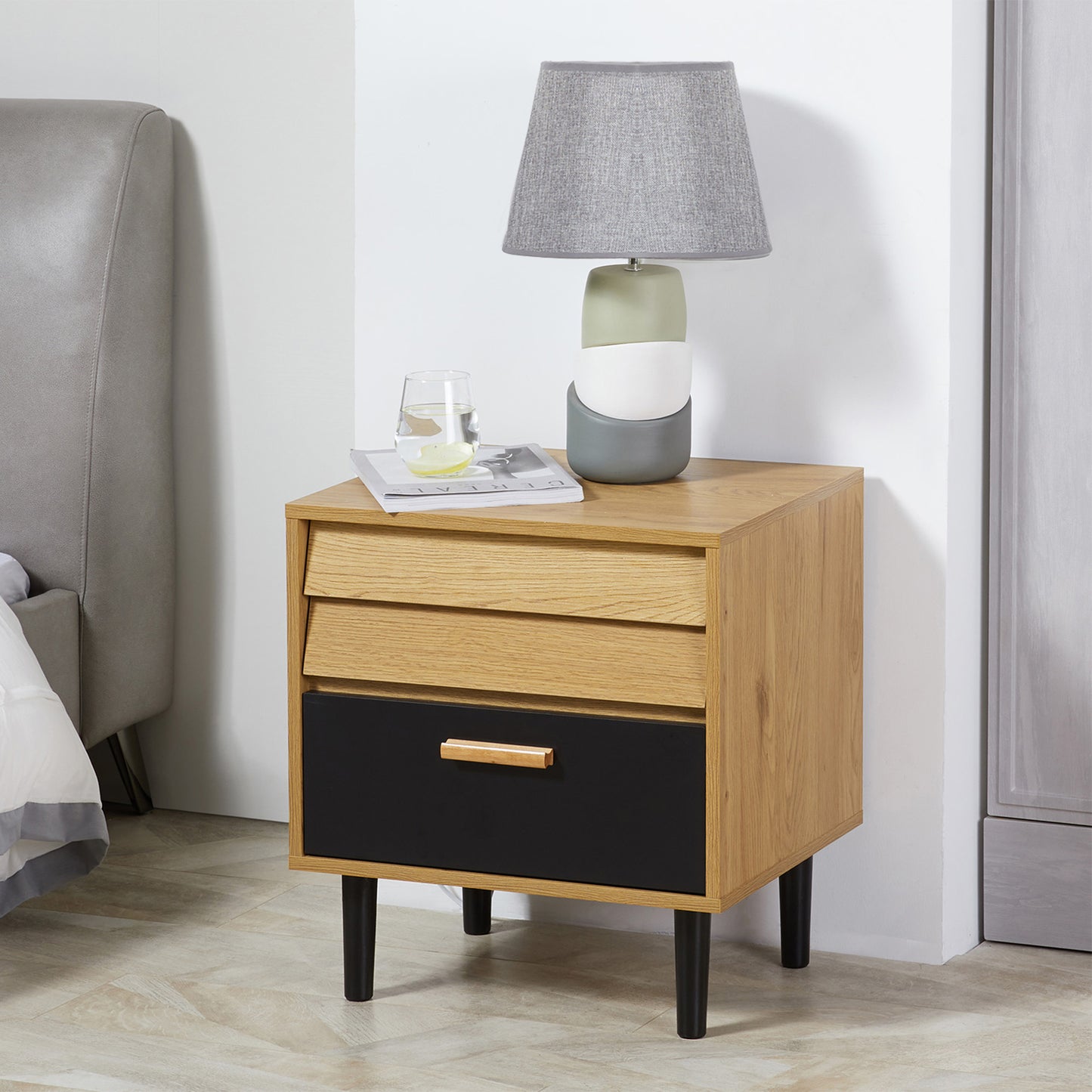 Bedside Table Cabinet Storage Chest with 2 Drawers Nordic Style for Bedroom Living Room Black