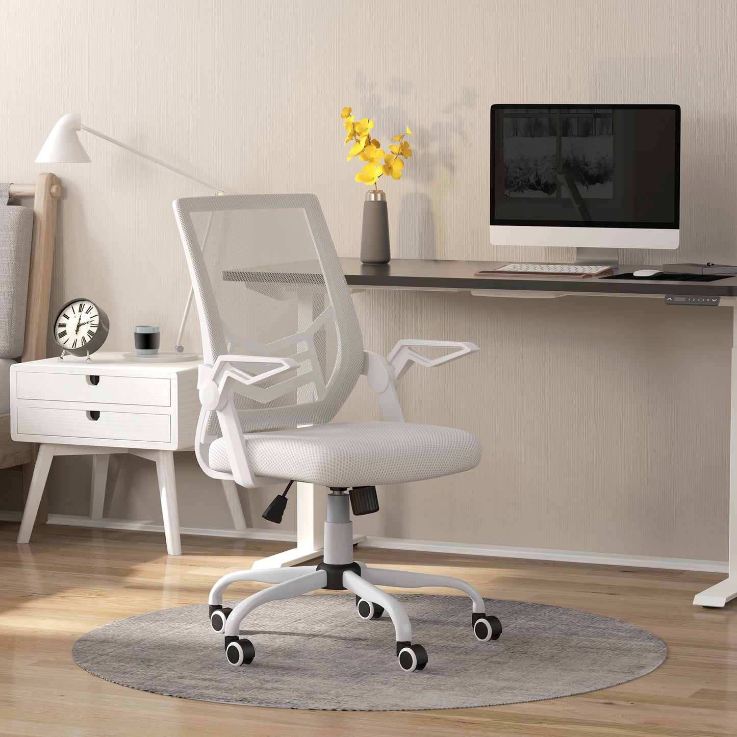 Mesh Office Chair | Flip-Up Armrests | Lumbar Support | Curved Back | Sponge Seat | Rocking Motion | 360° Swivel | 5 Wheels | Height Adjustable 45-55cm | 120kg | White