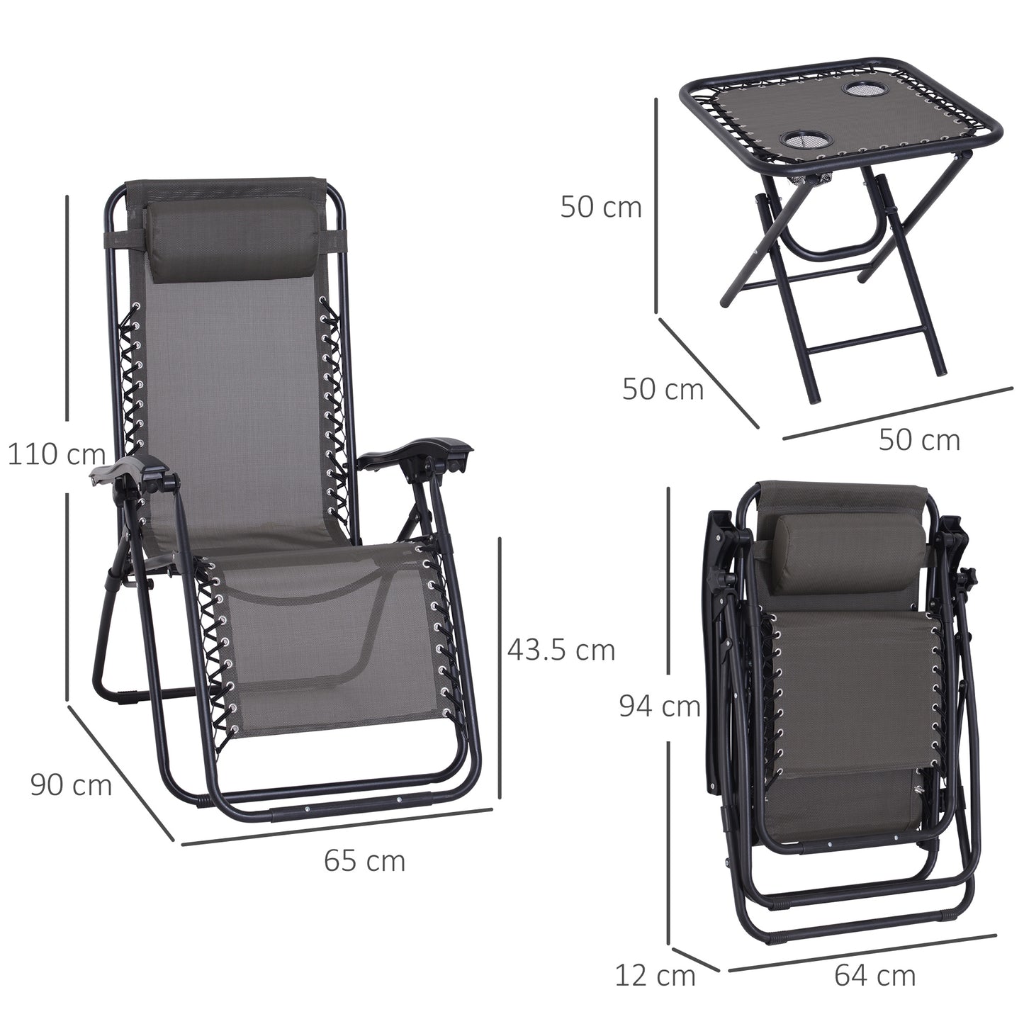Outsunny 3 Piece Folding Zero Gravity Chairs Sun Lounger Table Set w/ Cup Holders Reclining Garden Yard Pool, Dark Grey