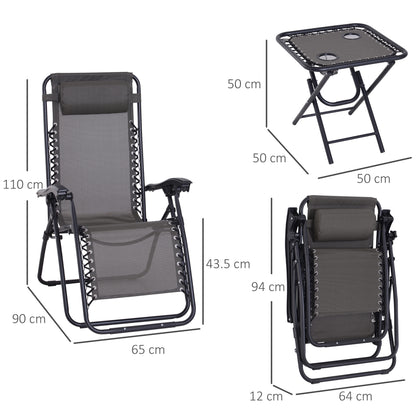 Outsunny 3 Piece Folding Zero Gravity Chairs Sun Lounger Table Set w/ Cup Holders Reclining Garden Yard Pool, Dark Grey