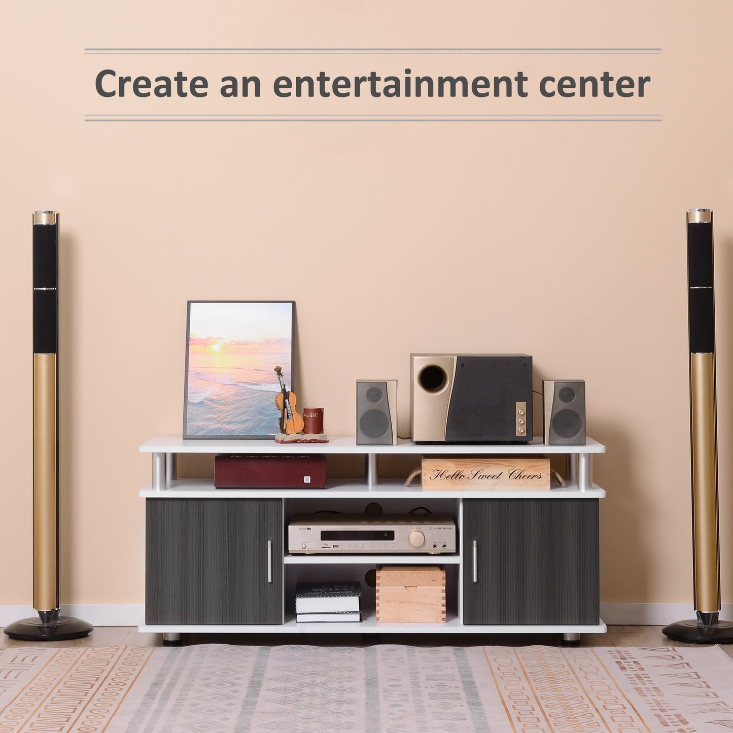 TV Cabinet Unit for TVs up to 55'' with Storage Shelf and Cupboards, Living Room Entertainment Center Media Console, Grey and White