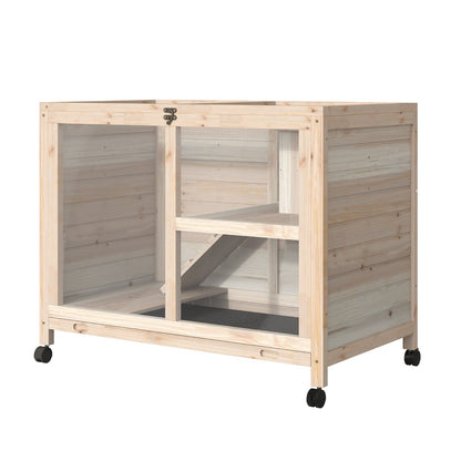 PawHut Wooden Rabbit Hutch Guinea Pigs House Bunny Small Animal Cage W/ Pull-out Tray Openable Roof And Wheels 91.5 x 53.3 x 73 cm