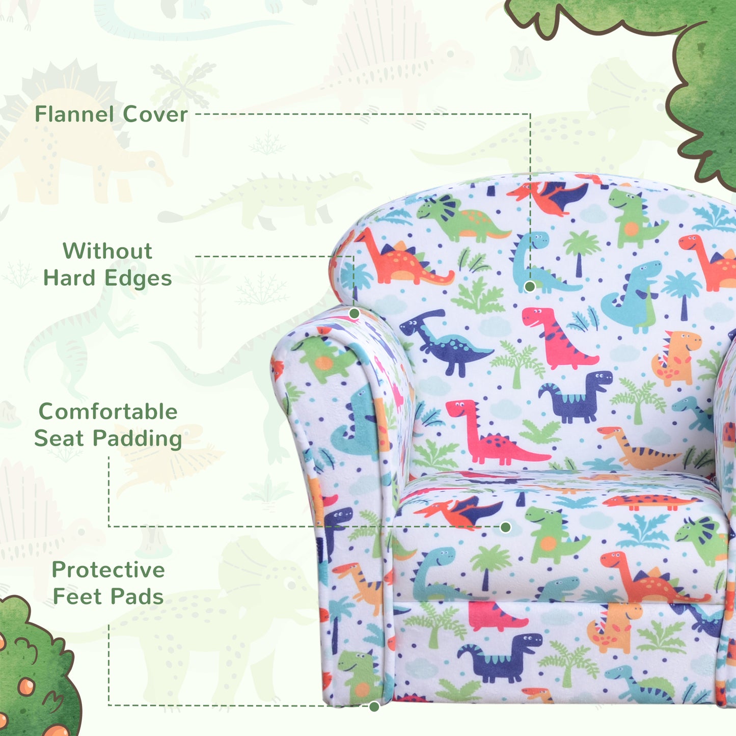 Children's Armchair Kids Sofa Tub Chair Seat Cartoon Dinosaur Pattern Bedroom Flannel Wooden Frame Non-slip Playroom Seater