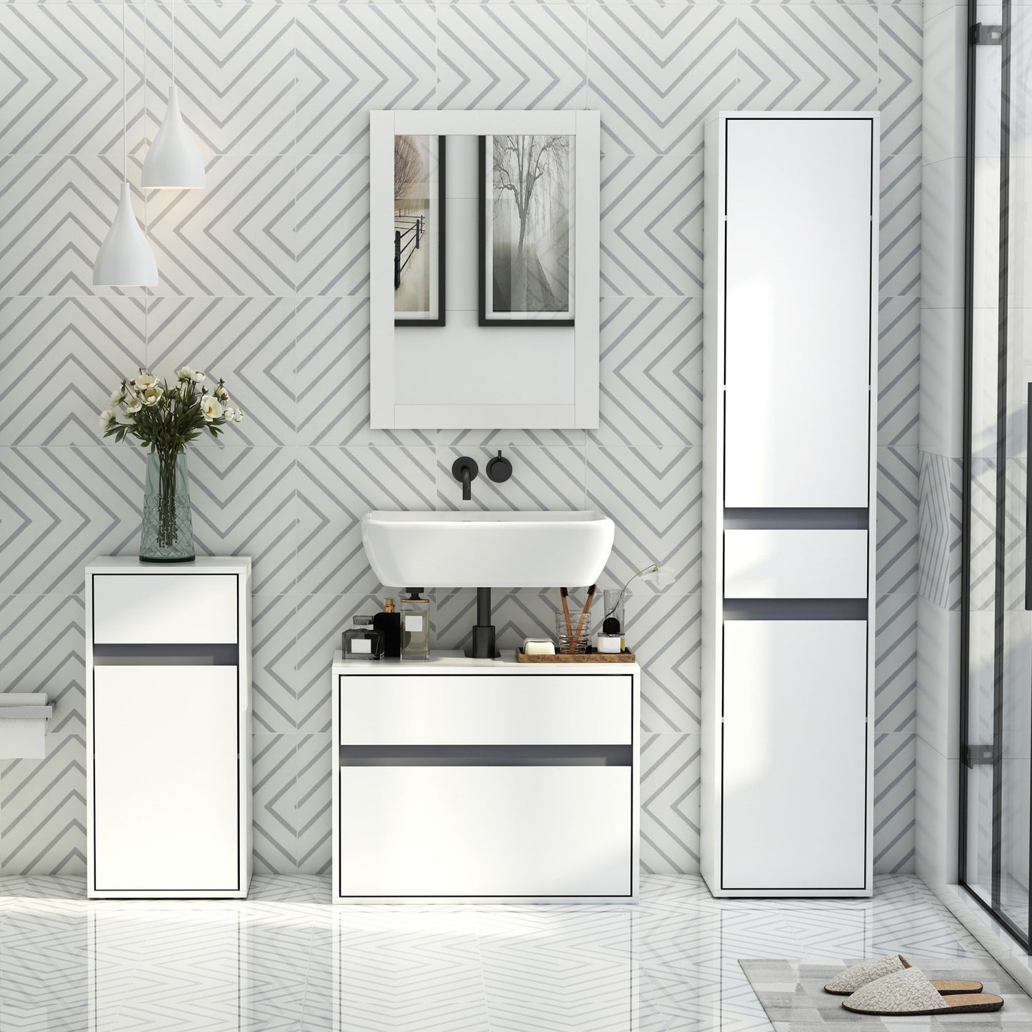 Modern Minimalistic Bathroom Storage Cabinet w/ Drawer Cupboard Adjustable Shelf Door Home Organiser Sleek Beautiful Freestanding Compact White