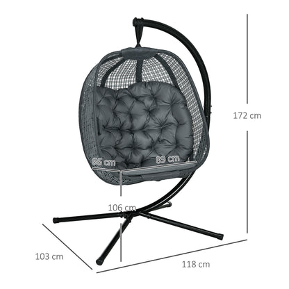 Outsunny Outdoor Swing Chair w/ Thick Padded Cushion, Patio Hanging Chair w/ Metal Stand, Foldable Basket, Cup Holder, Dark Grey