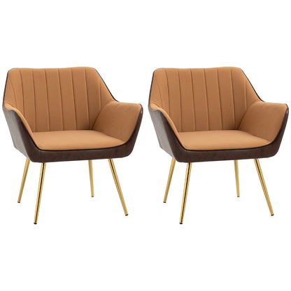 Retro Style Velvet Armchairs, Upholstered Accent Chairs with Golden Steel Legs, Modern Vanity Chairs For Living Room, Bedroom, Set of 2, Light Brown