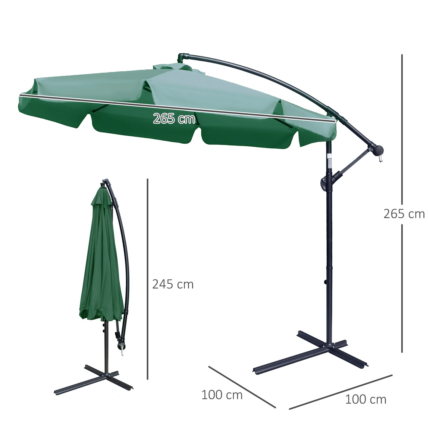 Outsunny 2.7m Garden Parasol Cantilever Umbrella with Crank Handle and Cross Base for Outdoor, Hanging Sun Shade, Green