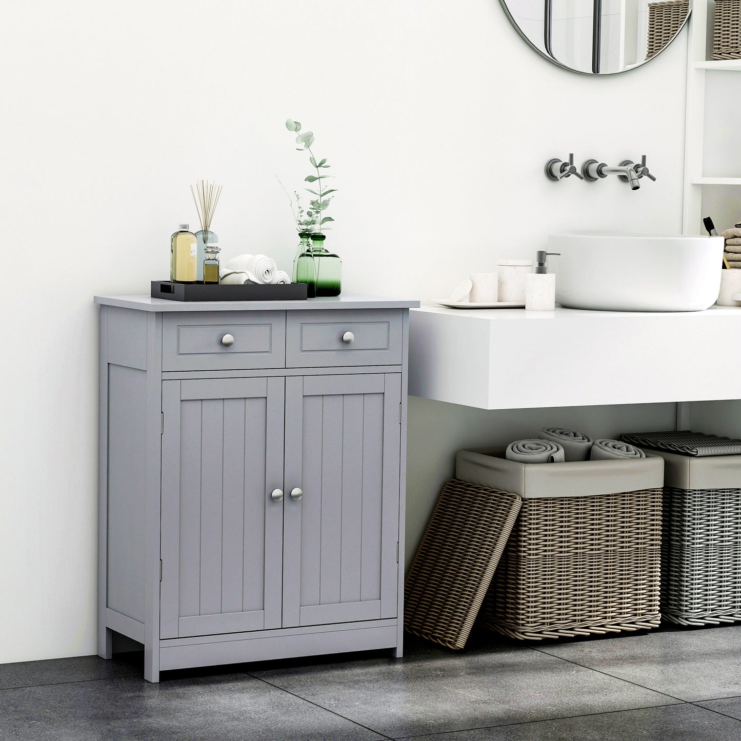 Kleankin Bathroom Storage Cabinet Free-Standing Bathroom Cabinet Unit w/ 2 Drawers Cupboard Adjustable Shelf Handles Traditional Style 75x60cm Grey