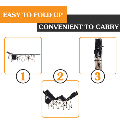 Outsunny Single Person Camping Folding Cot Outdoor Patio Portable Military Sleeping Bed Travel Guest Leisure Fishing with Side Pocket, Black