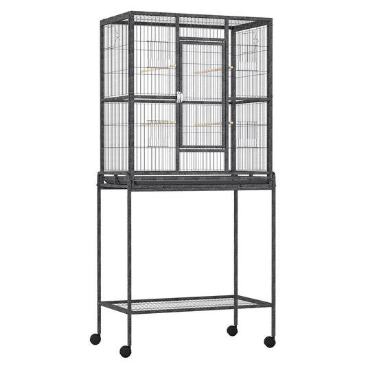 PawHut Bird Cage Metal Canary Cages for Parakeet with Detachable Rolling Stand, Storage Shelf, Wood Perch, Food Container