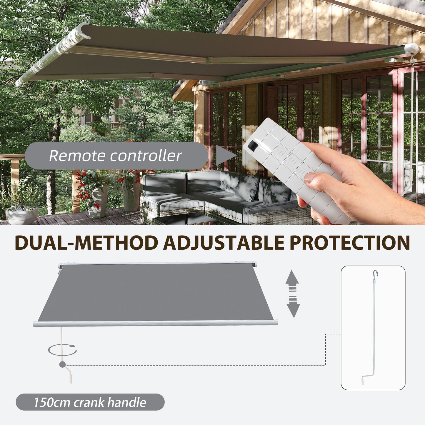 Outsunny 4 x 3 m Full Cassette Electric/Manual Retractable Awning, Sun Canopies for Patio Door Window with Remote Controller, Grey