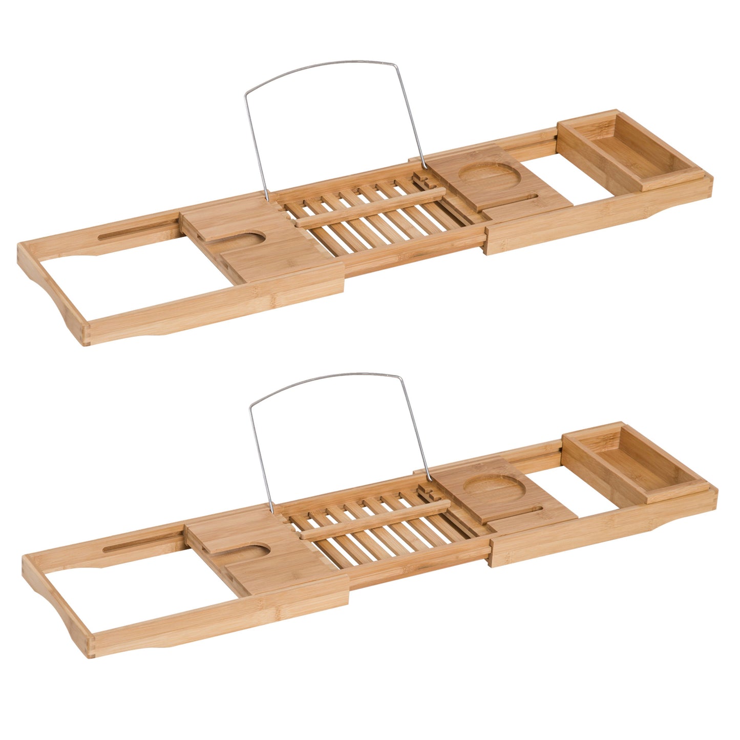 Extendable Natural Wooden Bamboo Bathtub Shelf Rack Bath Caddy Tray Bathroom Storage, Set of 2