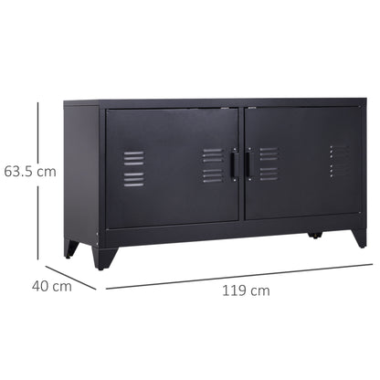 Industrial TV Cabinet Stand Media Centre Steel Shelf Doors Storage System DVD Recorder Receiver Unit - Black