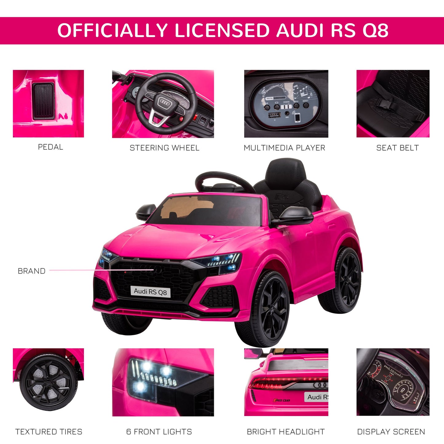 6V Battery-powered Kids Electric Ride On Car Audi RS Q8 Toy with Parental Remote Control Music Lights USB MP3 Bluetooth Pink
