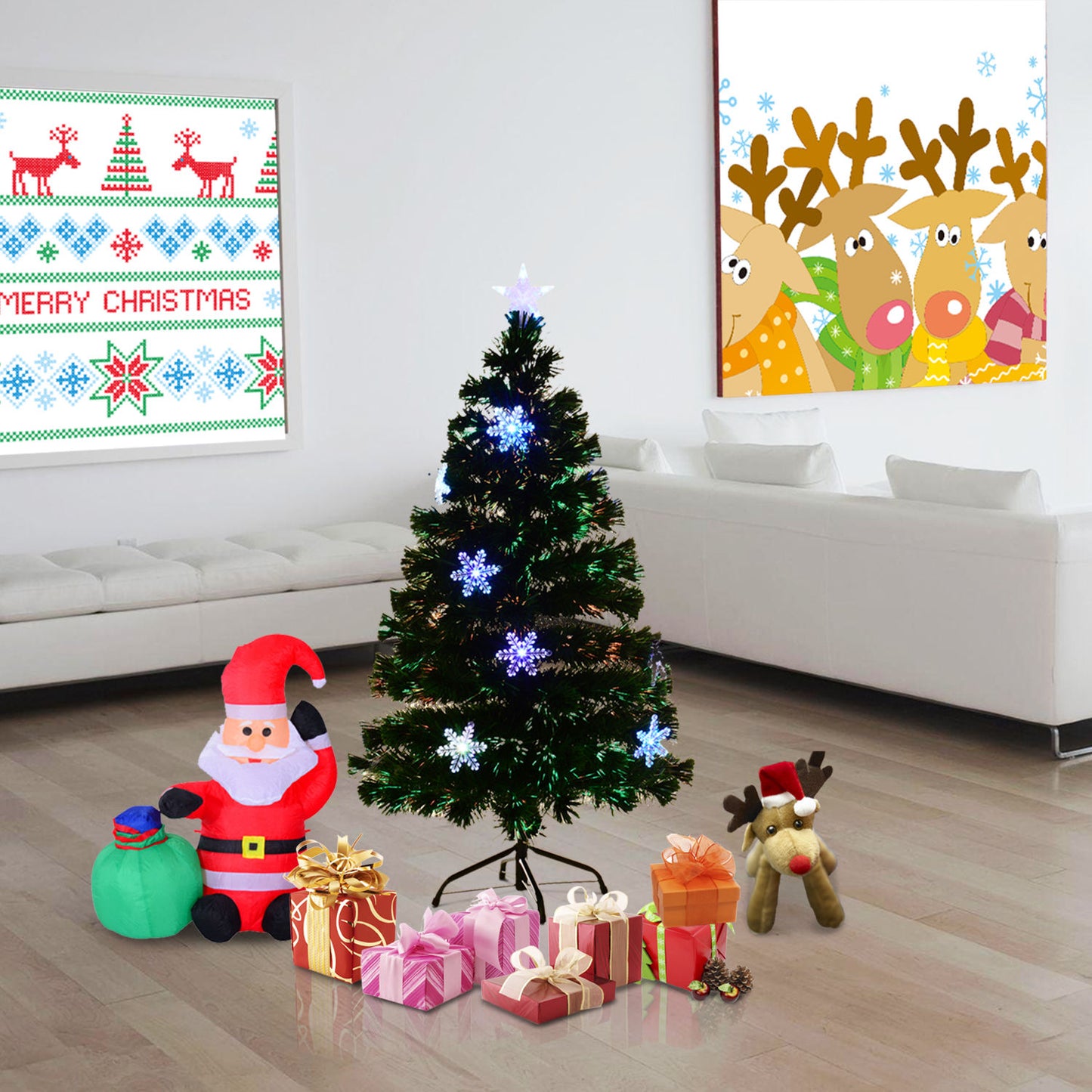 4ft Prelit Christmas Tree Artificial Tree 120cm With Show Flakes Lights, Green