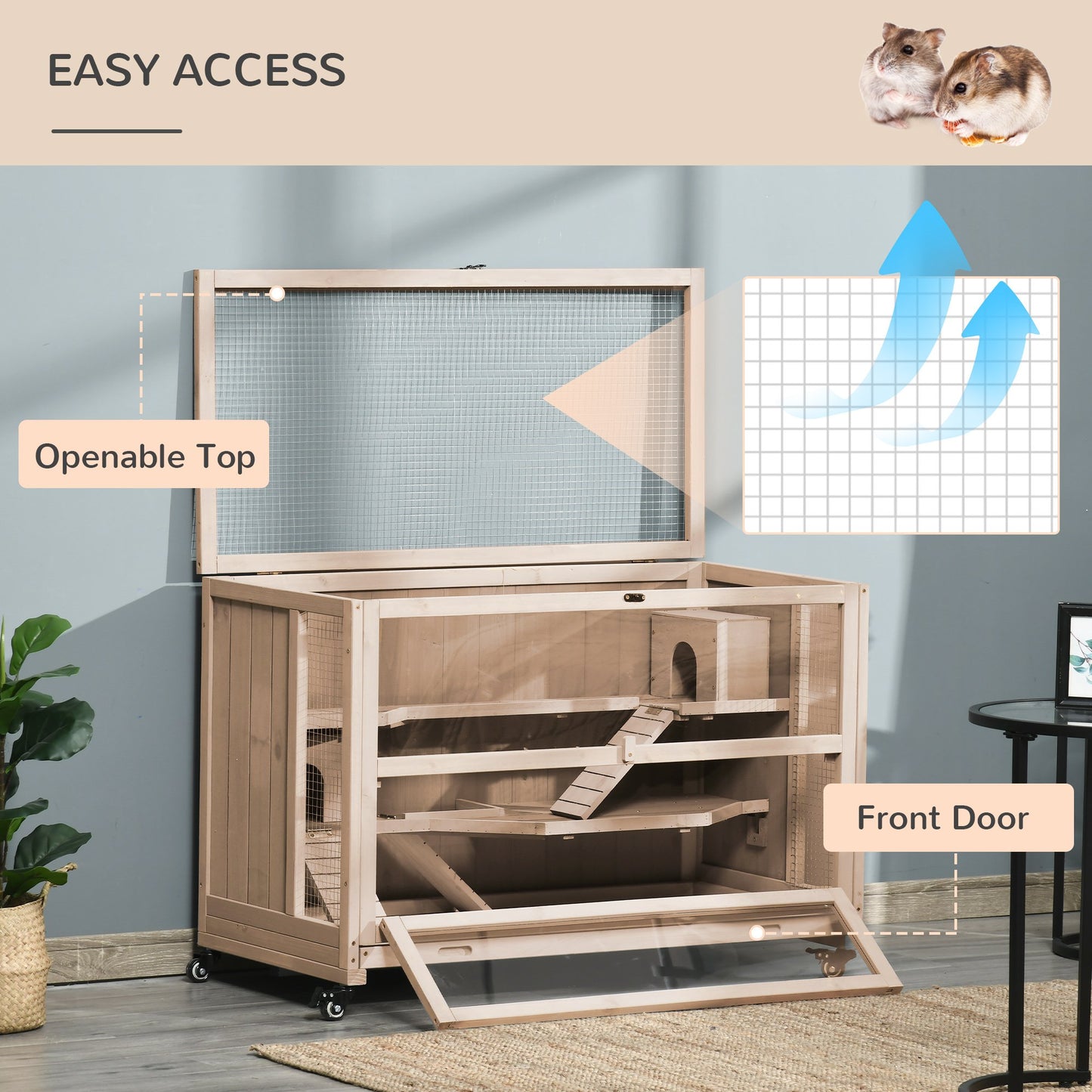 Wooden Hamster Cage, Mice Rodent Small Animals Kit Hutch, 3 Tiers Exercise Play House W/ Wheels, Bottom Tray, 99 x 50 x 69 cm, Natural Wood