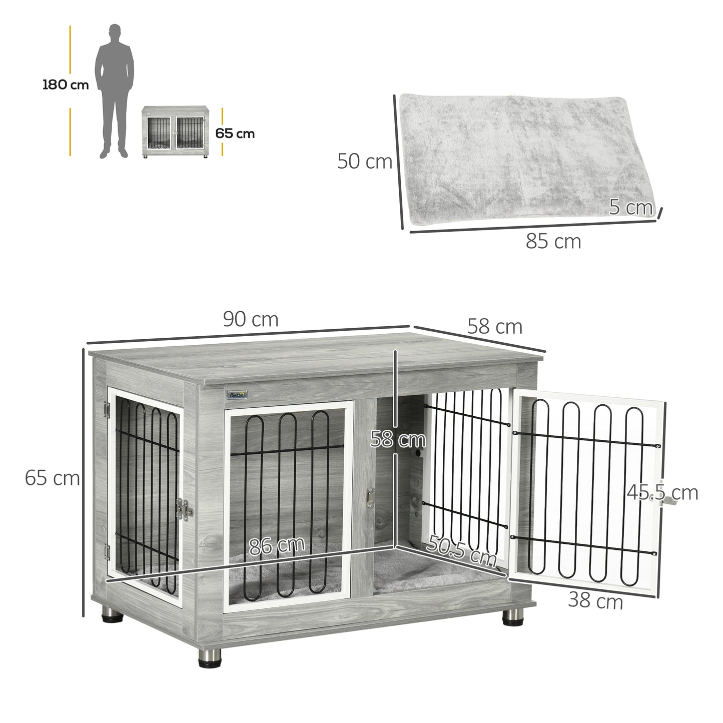 Dog Crate Furniture Side Table | Washable Cushion | Wire Mesh | Two Doors | Medium & Large Dogs up to 25kg | 90 x 58 x 65cm | Grey & White