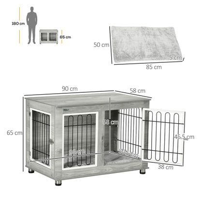 Dog Crate Furniture Side Table | Washable Cushion | Wire Mesh | Two Doors | Medium & Large Dogs up to 25kg | 90 x 58 x 65cm | Grey & White