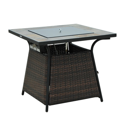 Outsunny Wicker Gas Fire Pit W/Lid 80Lx80Wx69H cm-Brown /Black