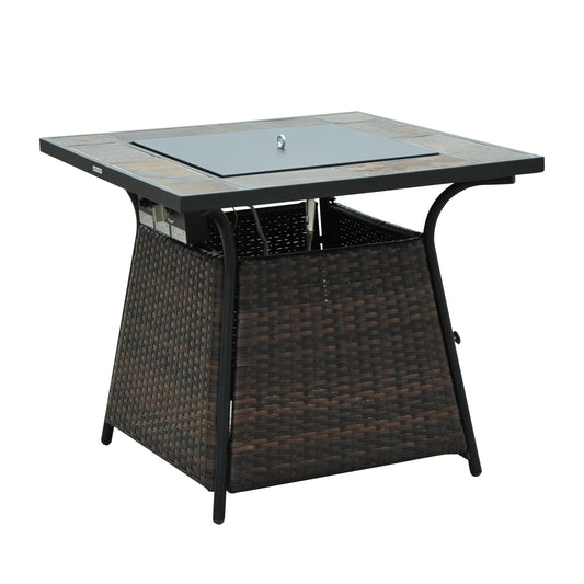 Outsunny Wicker Gas Fire Pit W/Lid 80Lx80Wx69H cm-Brown /Black
