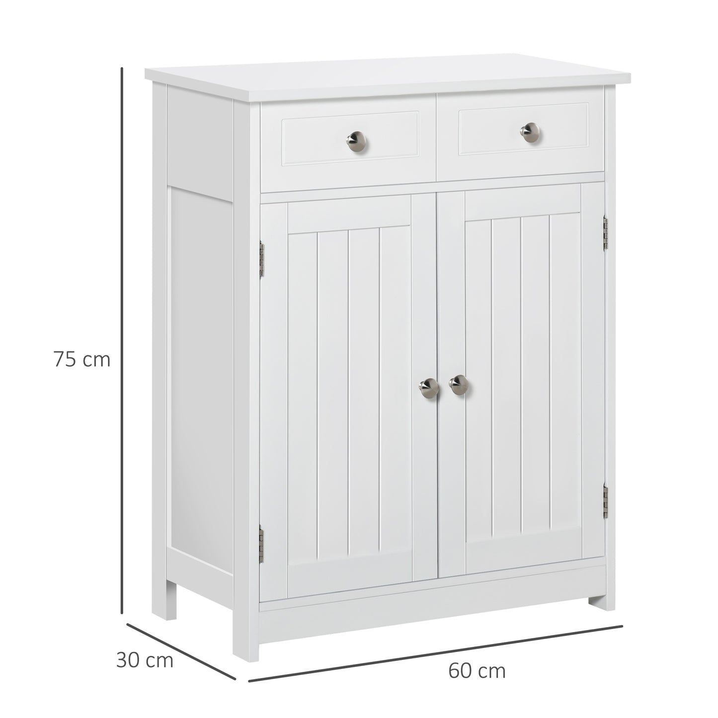 Kleankin Bathroom Storage Cabinet Free-Standing Bathroom Cabinet Unit w/ 2 Drawers Cupboard Adjustable Shelf Handles Traditional Style 75x60cm White