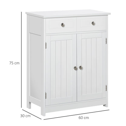Kleankin Bathroom Storage Cabinet Free-Standing Bathroom Cabinet Unit w/ 2 Drawers Cupboard Adjustable Shelf Handles Traditional Style 75x60cm White