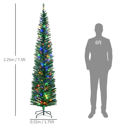 7.5' Artificial Prelit Christmas Trees Holiday Décor with Colourful LED Lights, Pencil Shape, Steel Base