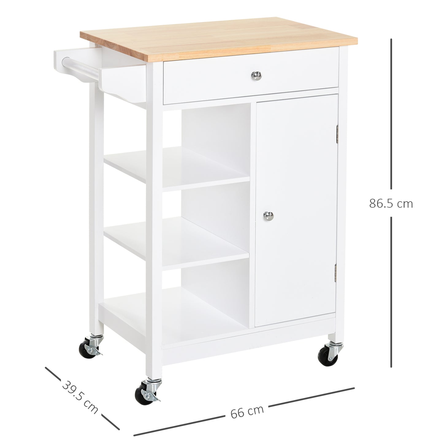 Kitchen Storage Trolley Unit w/ Wood Top 3 Shelves Cupboard Drawer Rail 4 Wheels Handles Moving Shelf Handy Spacesaver White