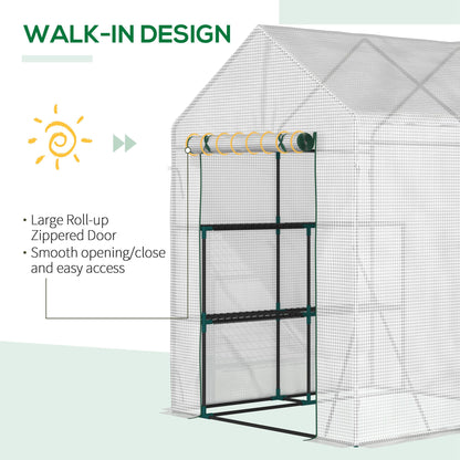 Outsunny Walk-In Greenhouse Portable Gardening Plant Grow House with 2 Tier Shelf, Roll-Up Zippered Door and PE Cover, 143 x 143 x 195 cm