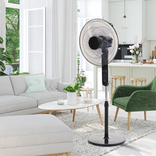 Oscillating Floor Fan W/ Remote Control-Standing Cooling Machine Indoor Air Refresher w/ Adjustable Height, Speed Mode, 7.5-Hour Timer Black