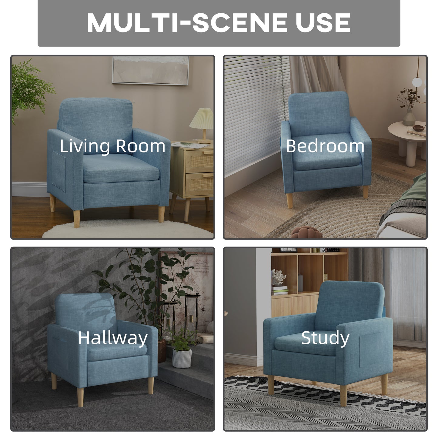 Modern Accent Chair, Comfy Fireside Chair, Upholstered Armchair for Living Room, Bedroom, Home Office, Light Blue