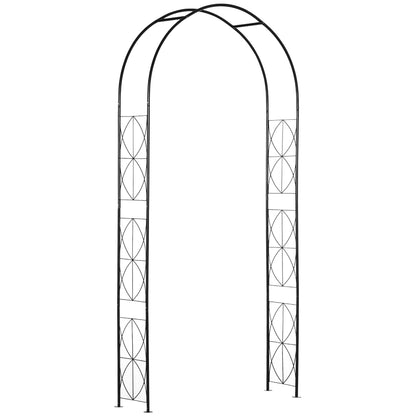 Matte Black Garden Arch | 2.3 m Steel Arbor Trellis with Curved Frame, Climbing Plant Supports, Hanging Basket Rails, Disc Feet & Ground Stakes