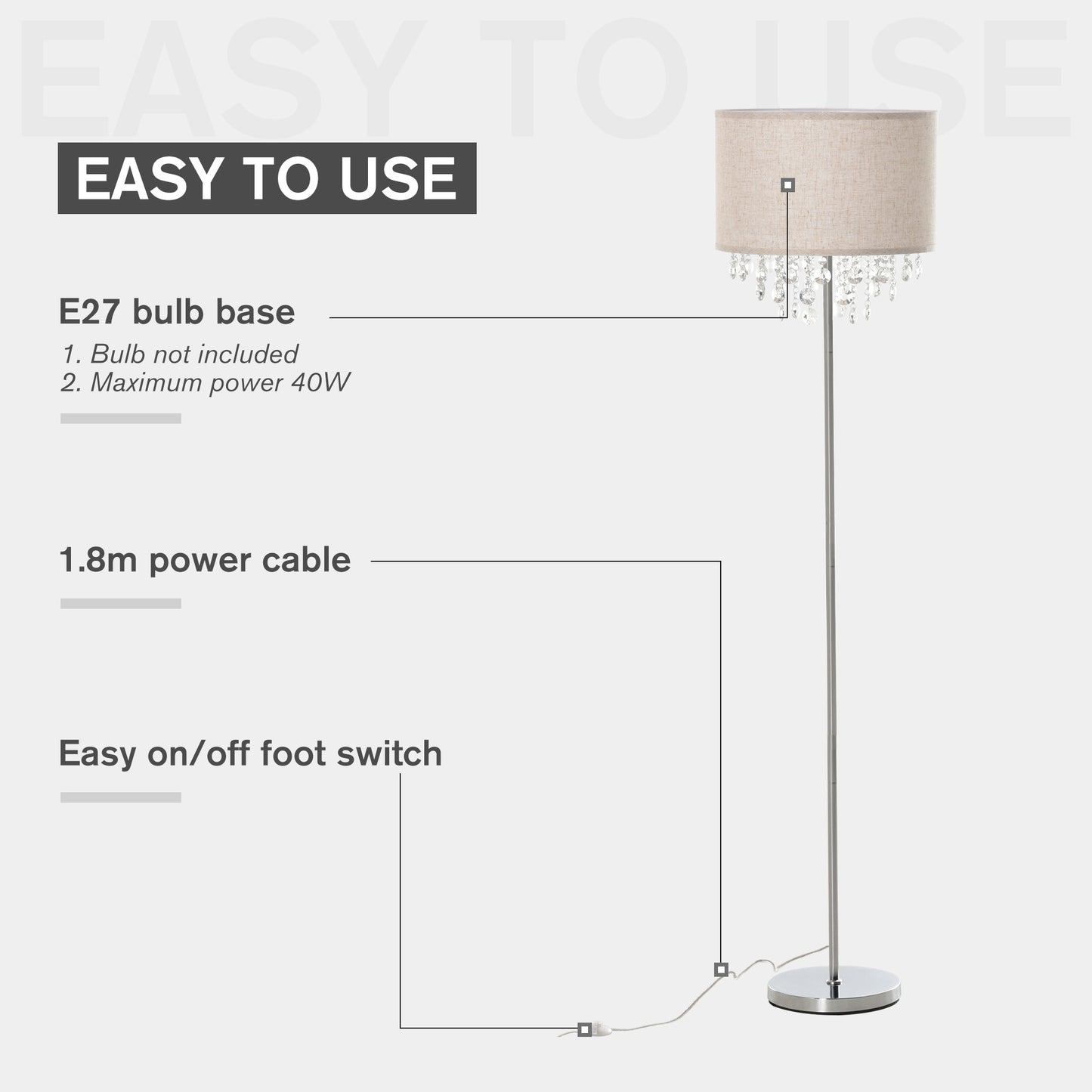 Modern Steel Floor Lamp with Crystal Pendant Fabric Lampshade Floor Switch, Home Style Standing Light, Silver and Cream White