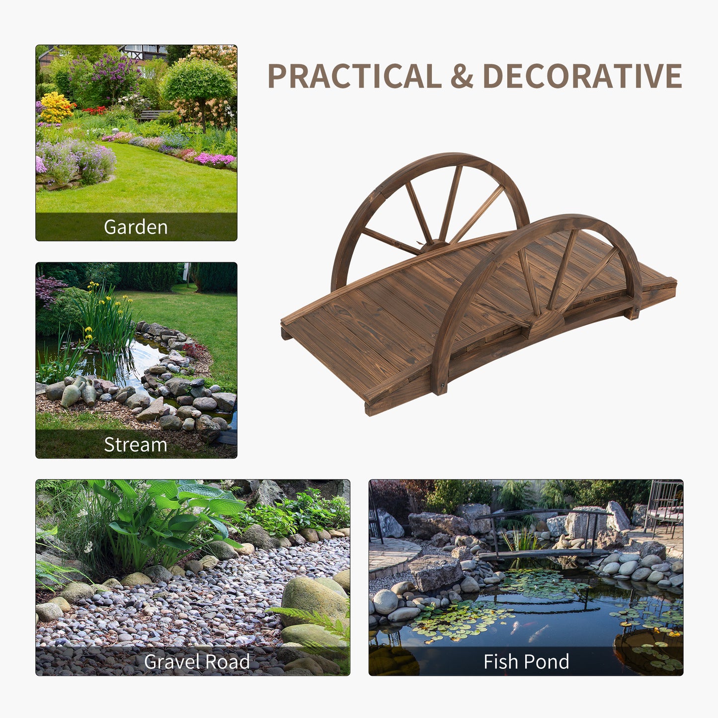 Wooden Garden Bridge Lawn Décor Stained Finish Arc Outdoor Pond WalkwayYard Decoration Half Wheeled Railings 100L x 50W x 37Hcm