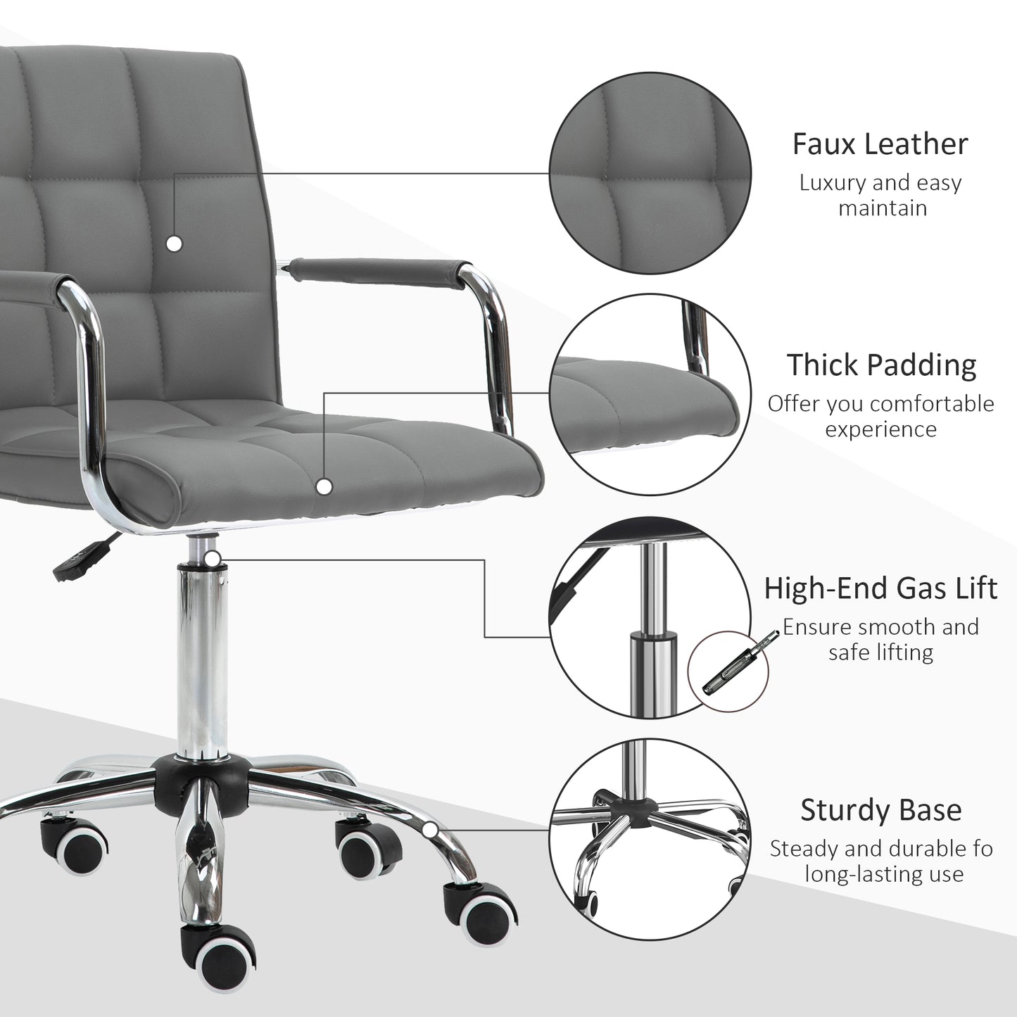 Mid Back PU Leather Home Office Chair | Fixed Armrests | 360° Swivel | 5 Wheels | Height Adjustable 84-99cm | 45x39cm Seat | 120kg | Grey