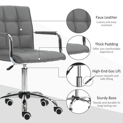Mid Back PU Leather Home Office Chair | Fixed Armrests | 360° Swivel | 5 Wheels | Height Adjustable 84-99cm | 45x39cm Seat | 120kg | Grey