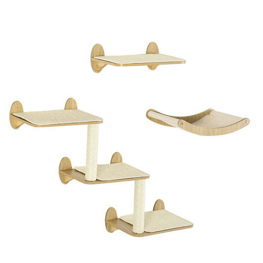 PawHut 3 Piece Wall Mounted Cats Shelves, Cat Climbing Shelf Set, Kitten Activity Center with Jumping Platforms Hammock Scratching Post, Oak