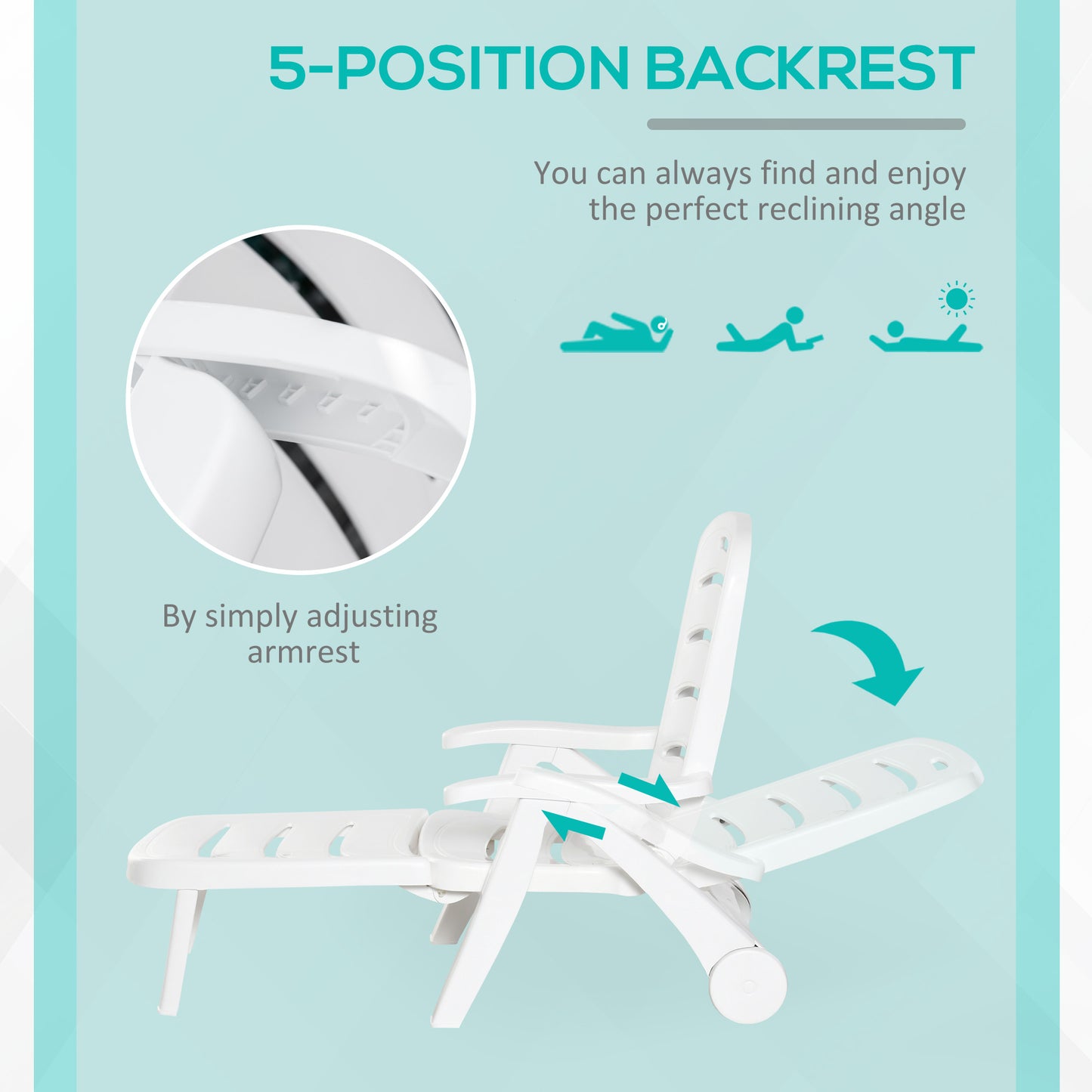Outsunny Outdoor Folding Plastic Chaise Lounge Chair on Wheels, Patio Sun Lounger Recliner & 5-Position Backrest for Garden, Beach, Pool, White