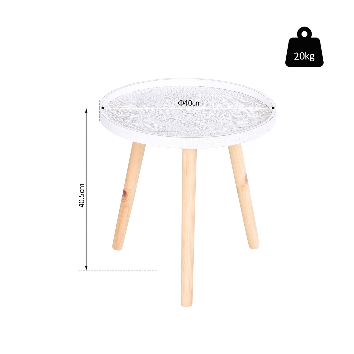 Flower Etched Side Table w/Saucer Top Wood Legs Living Room Bedroom Furniture Coffee End Table Display Decoration Elegant - White
