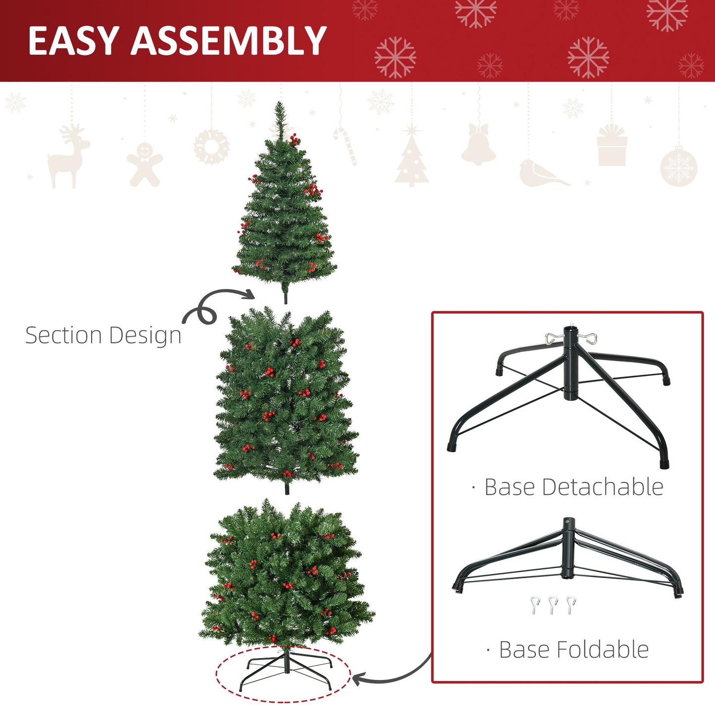 7FT Prelit Artificial Pencil Christmas Tree with Warm White LED Light, Red Berry, Holiday Home Xmas Decoration, Green