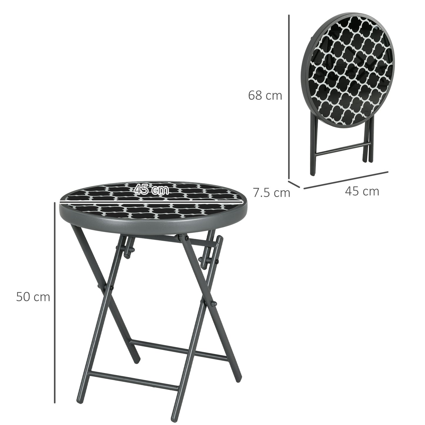Outsunny Φ45cm Outdoor Side Table, Round Folding Patio Table with Imitation Marble Glass Top, Small Coffee Table, Black