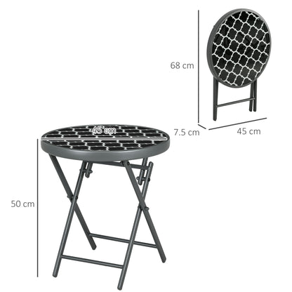 Outsunny Φ45cm Outdoor Side Table, Round Folding Patio Table with Imitation Marble Glass Top, Small Coffee Table, Black