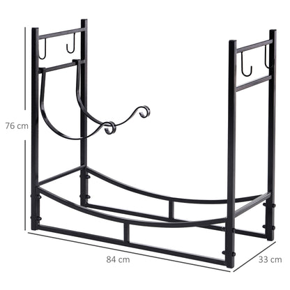 Outsunny Firewood Stand Log Rack Holder 84cm with 4-PC Fireplace Tools Set, Indoor Outdoor, Metal, Black