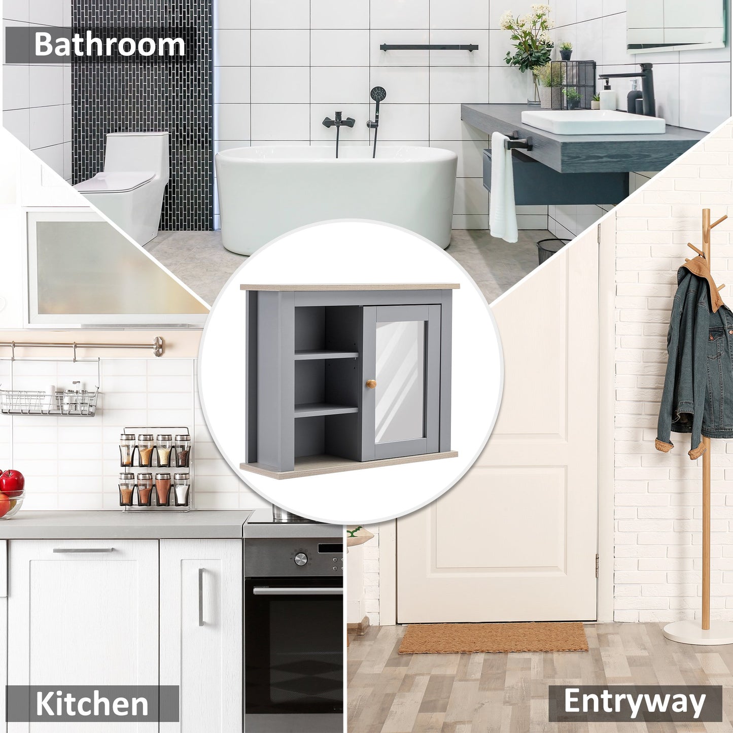 Kleankin Bathroom Wall Mirror Cabinet, Cupboard with Door, Storage Cabinet with Adjustable Shelf for Corridors Living Rooms, Grey