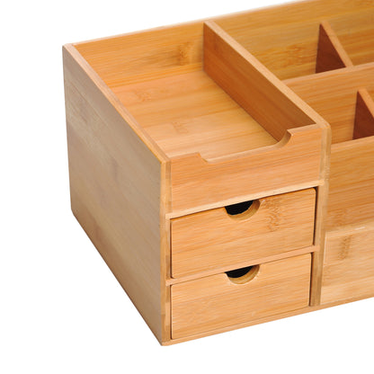 Natural Wood Organiser Holder Multi-Function Storage Caddy Drawers Home Office Stationary Supplies 7 Storage Compartments and 2 Drawers