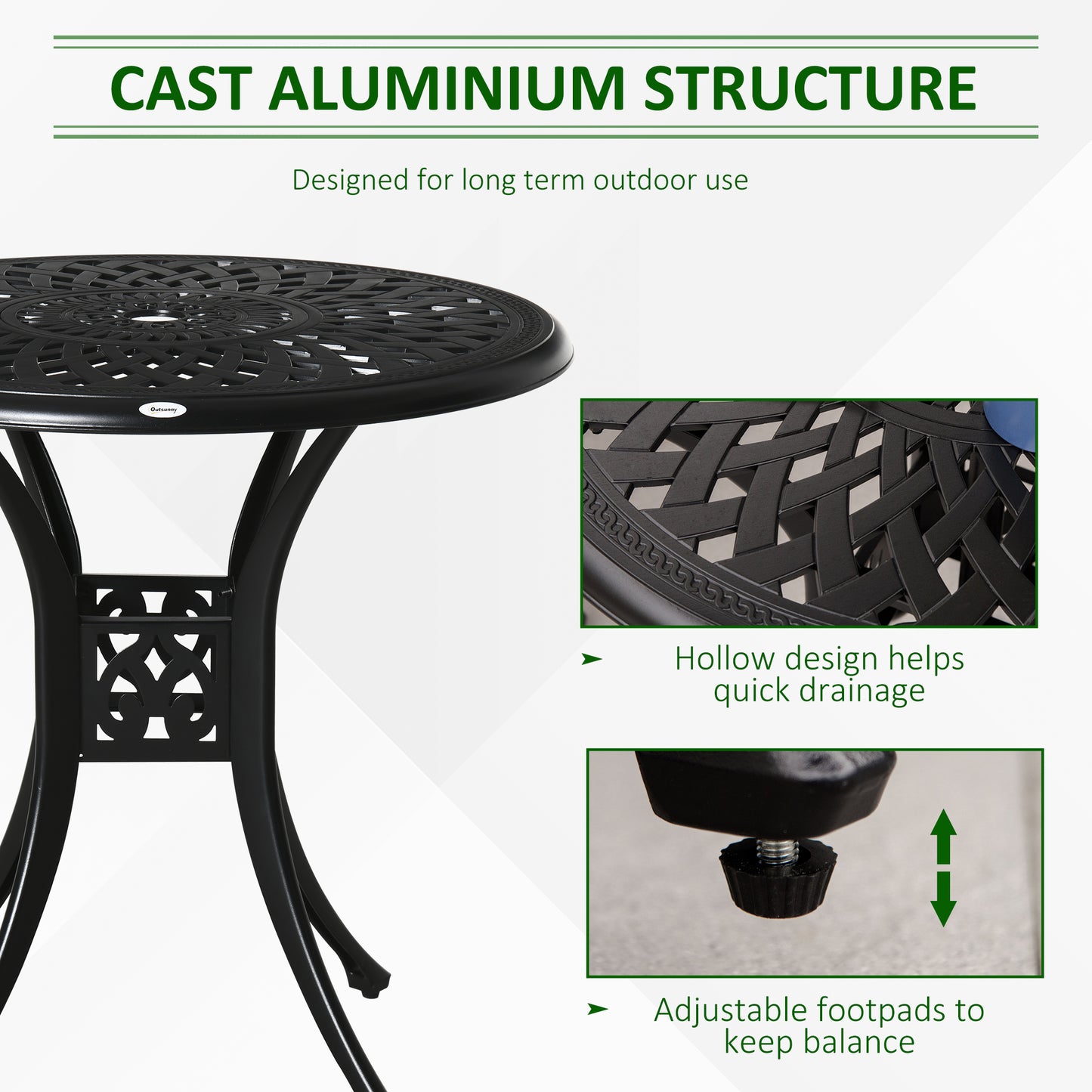Outsunny 78cm Round Garden Dining Table With Parasol Hole Antique Cast Aluminium Outdoor Table, Black