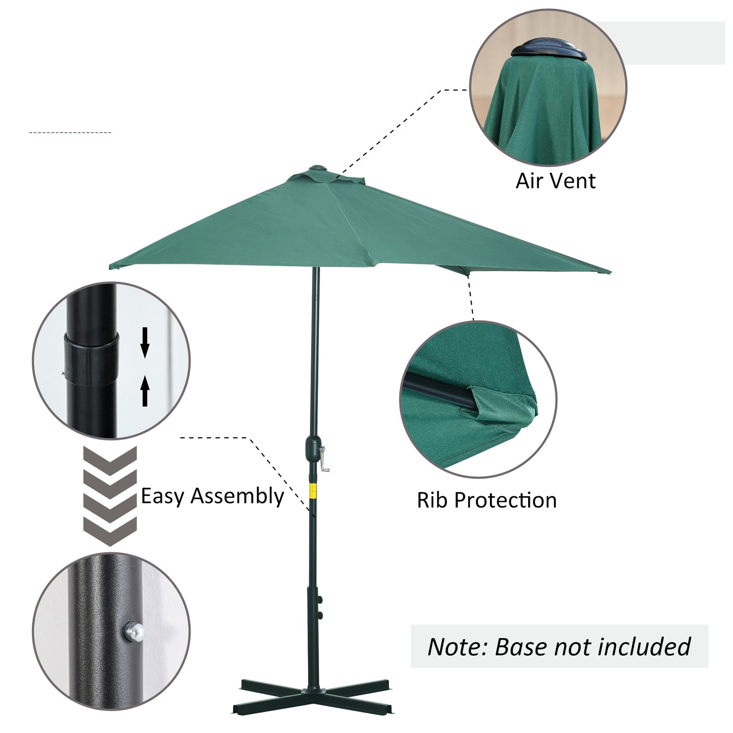 Outsunny 3(m) Half Parasol Semi Round Umbrella Patio Metal Frame Crank Handle for Balcony-- NO BASE INCLUDED, Green
